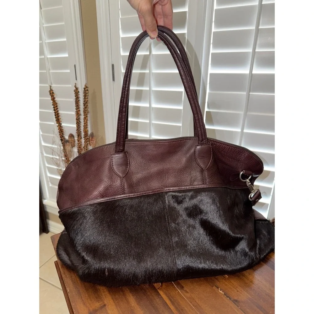 Burgundy Leather and Faux Fur Tote Duffel Bag with Detachable Shoulder Strap